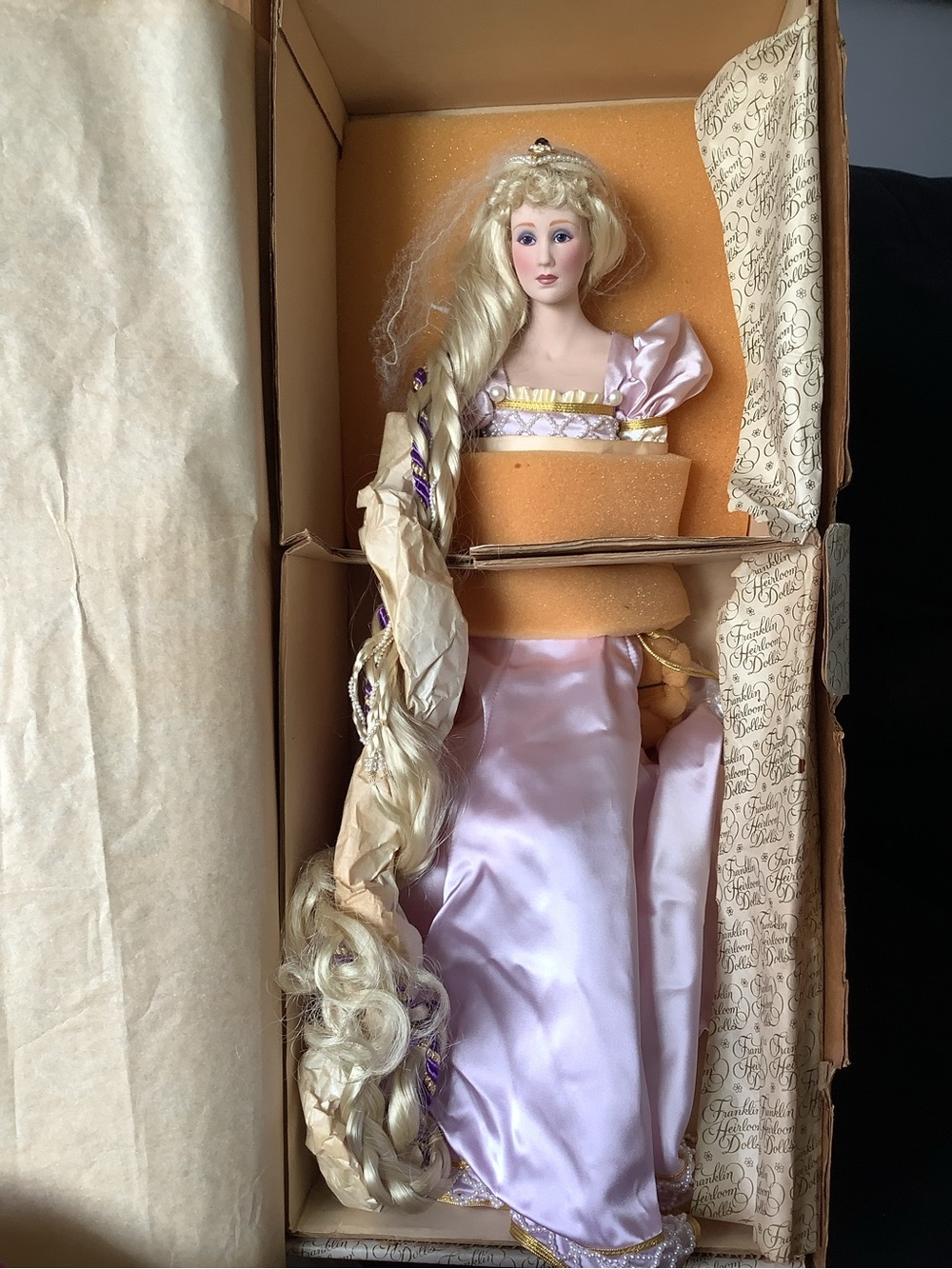 Franklin Heirloom Rapunzel Porcelain Long Blonde Hair Doll in Lavender Gown with